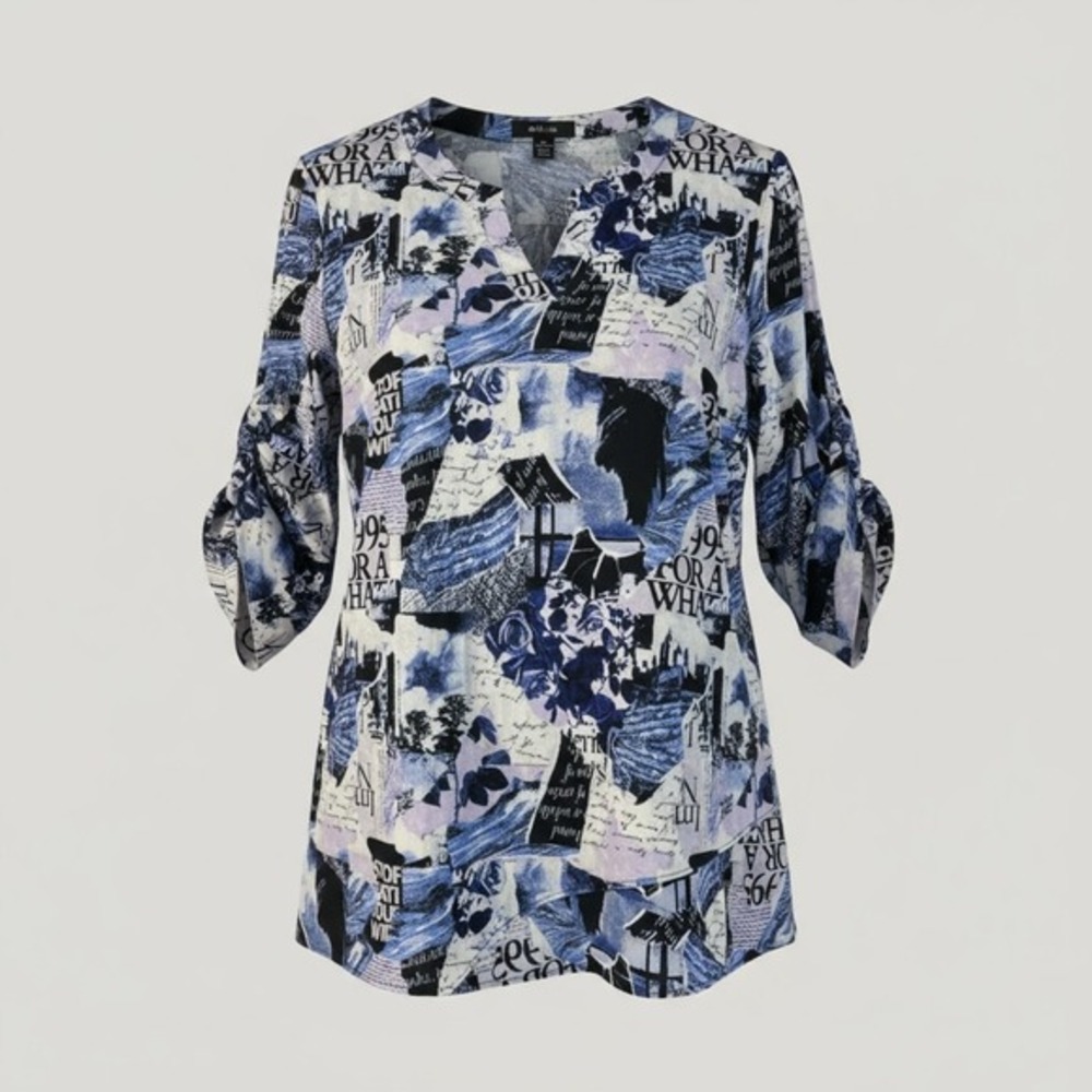 Style & Co Blouse XL Blue Ephemera Print Sheer Lined Roll Tab Office Casual